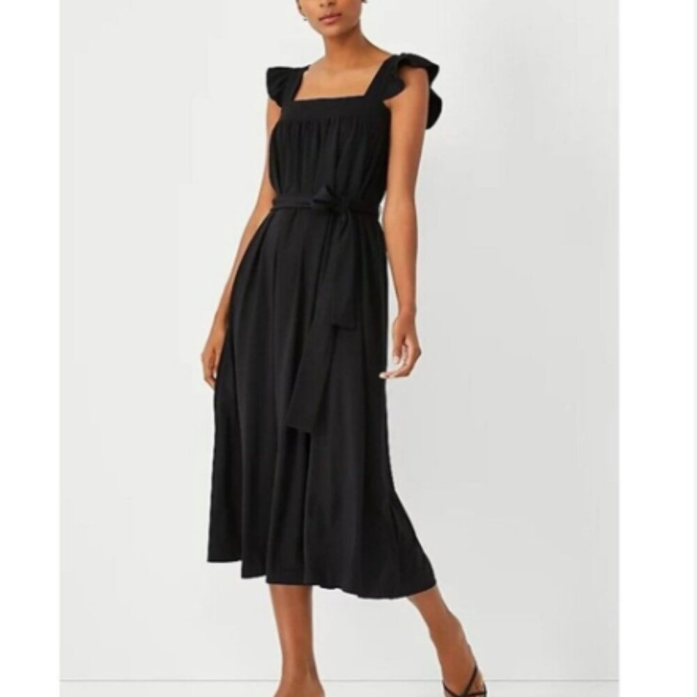 NWT LOFT Square Neckline Belted Midi Black Dress Sz MP Flutter Crochet Detail